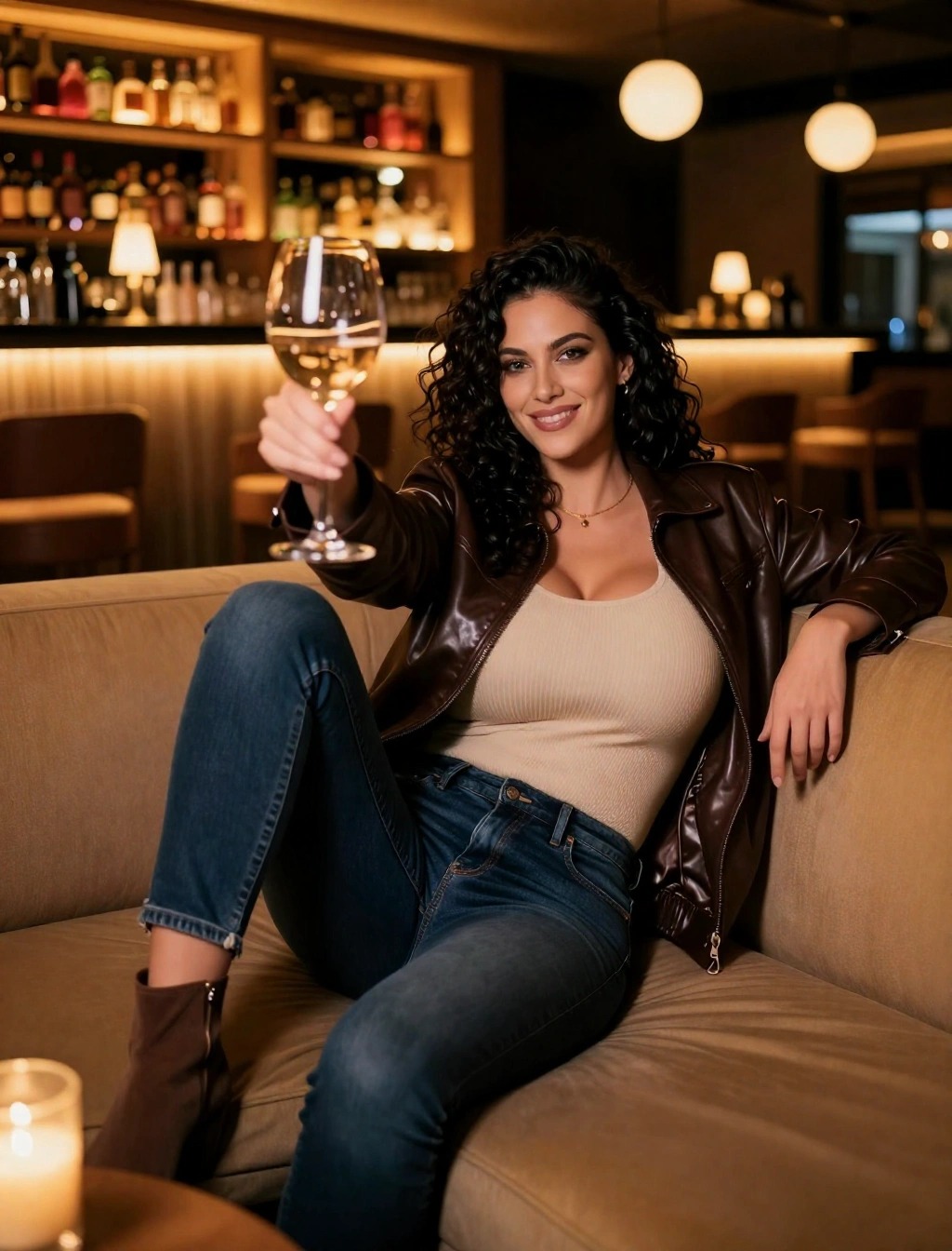 Donna con giacca in pelle marrone, top beige e jeans skinny con stivaletti, look casual chic per aperitivo di marzo al wine bar
