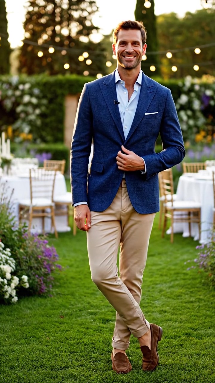 Outfit spezzato maschile per cerimonia diurna con blazer blu navy, pantaloni chino beige e mocassini marroni scamosciati.