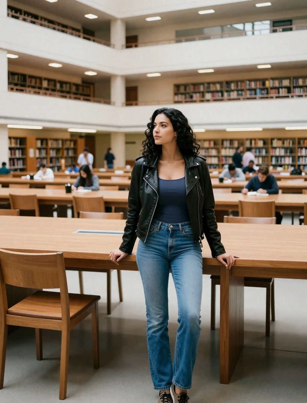 Donna con giacca di pelle nera, top scuro e jeans in biblioteca, idea di look primaverile per marzo