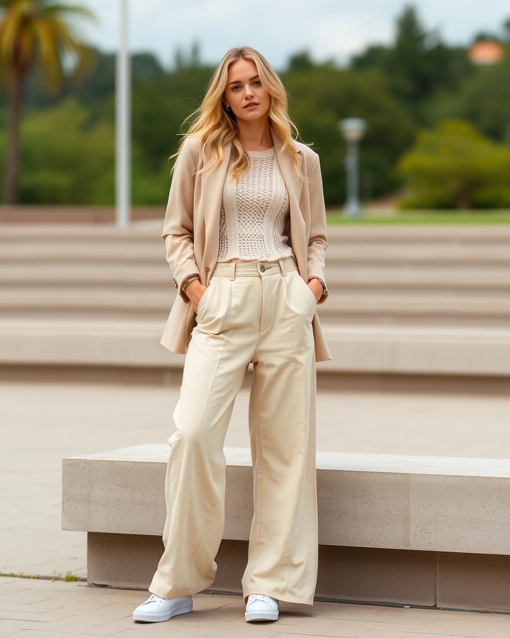 Come vestirsi a Maggio 2 Look casual chic maggio 2025 donna: pantaloni palazzo beige, blazer chiaro e top traforato, perfetto per il giorno