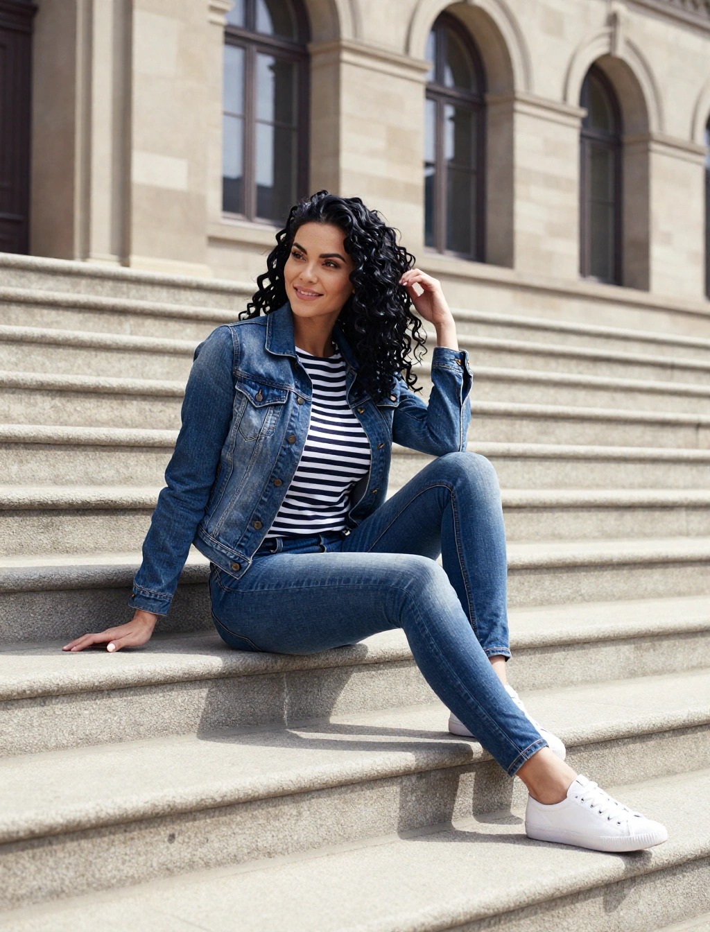 Donna seduta sui gradini con giacca di jeans, maglia a righe blu e bianche, jeans skinny e sneakers bianche, outfit casual per marzo