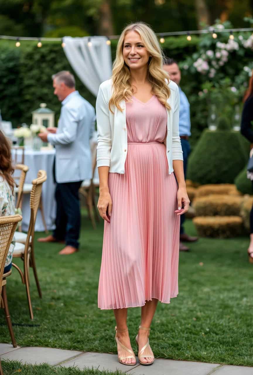 Come vestirsi per comunione a giugno: Outfit invitata 2025 4 Donna con abito plissettato rosa cipria e cardigan panna, outfit elegante e fresco per cerimonia a giugno.