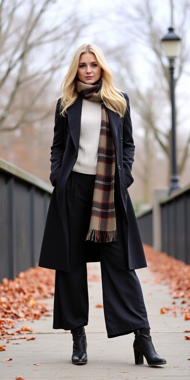 Donna elegante con cappotto nero lungo, maglione chiaro e sciarpa tartan, perfettamente vestita per una giornata a 8 gradi.

