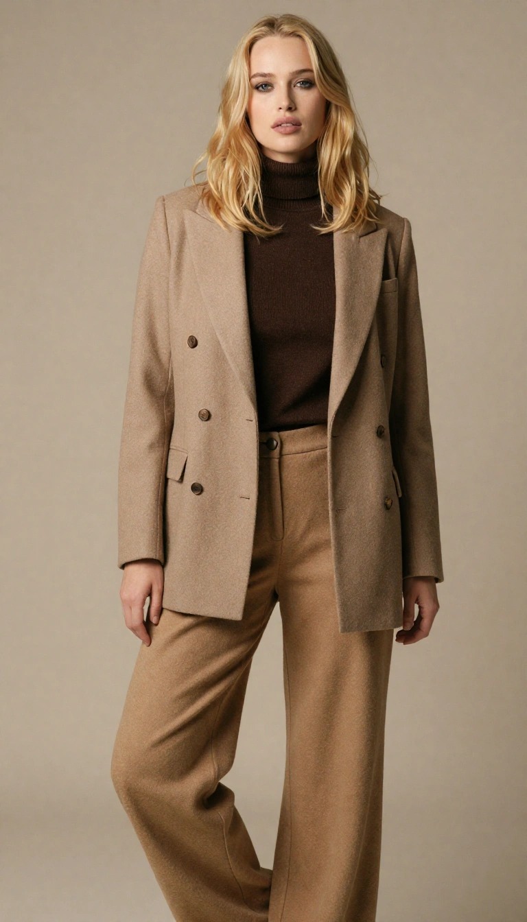 Come Vestirsi a 22 Gradi Donna: Guida di Stile Completa 7 Outfit autunno 22 gradi donna con blazer doppiopetto cammello, dolcevita marrone e pantalone palazzo
