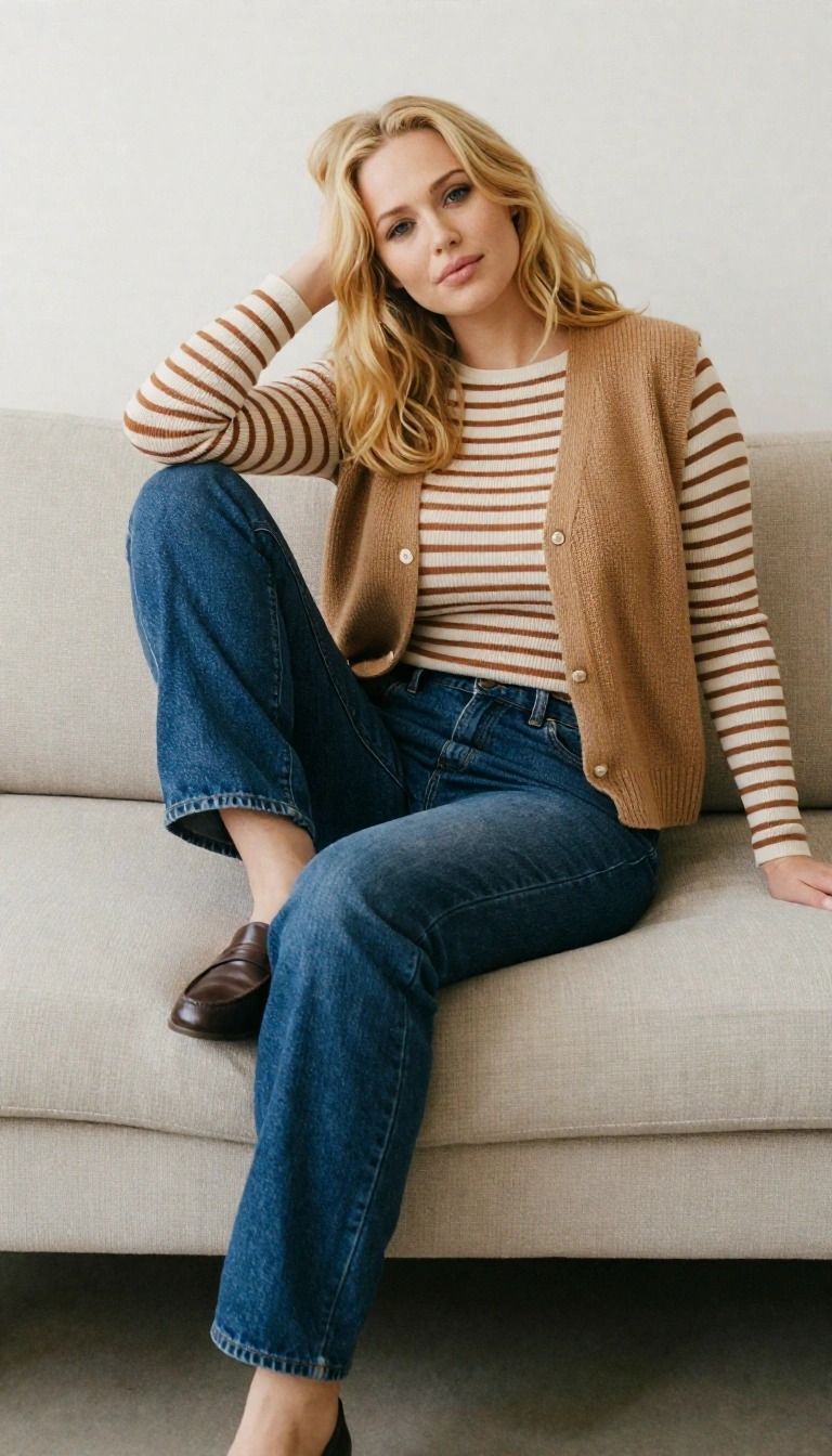 Come Vestirsi a 22 Gradi Donna: Guida di Stile Completa 9 Outfit casual 22 gradi donna con jeans dritti, maglia a righe e gilet in maglia color cammello