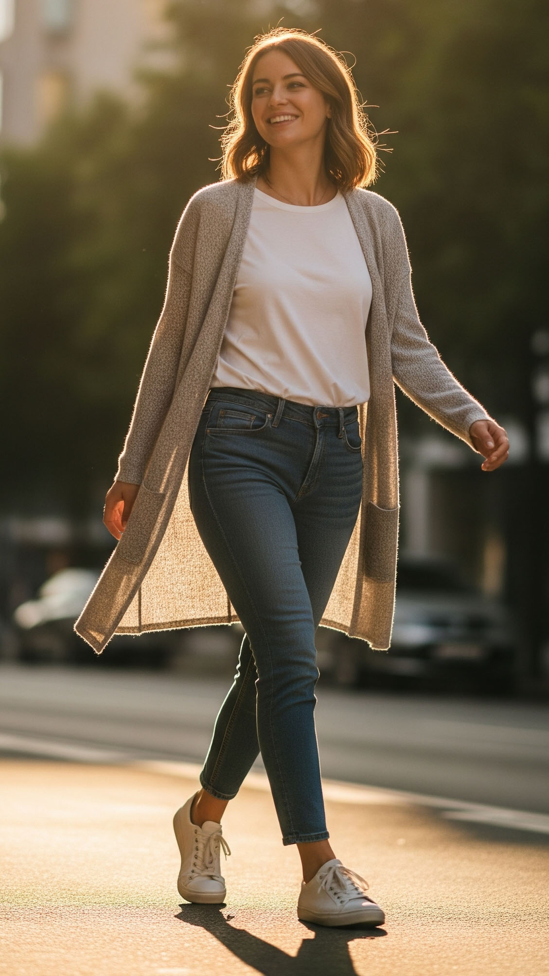 Come vestirsi con 23 Gradi Donna: Guida Outfit per Lei 2025 2 Donna che passeggia sorridente con outfit a cipolla a 23 gradi: t-shirt bianca di base, cardigan lungo grigio, jeans skinny e sneakers bianche.