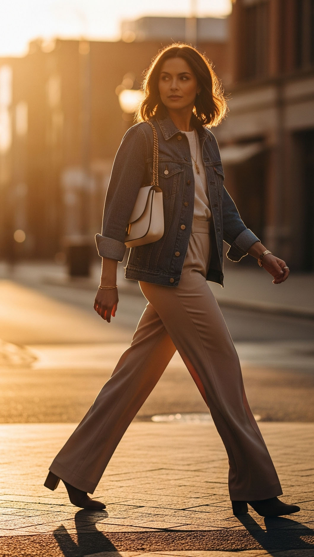 Come vestirsi con 23 Gradi Donna: Guida Outfit per Lei 2025 4 Donna al tramonto con outfit a cipolla: top leggero, giacca di jeans sopra, pantaloni eleganti beige e borsa minimal, look da mezza stagione.