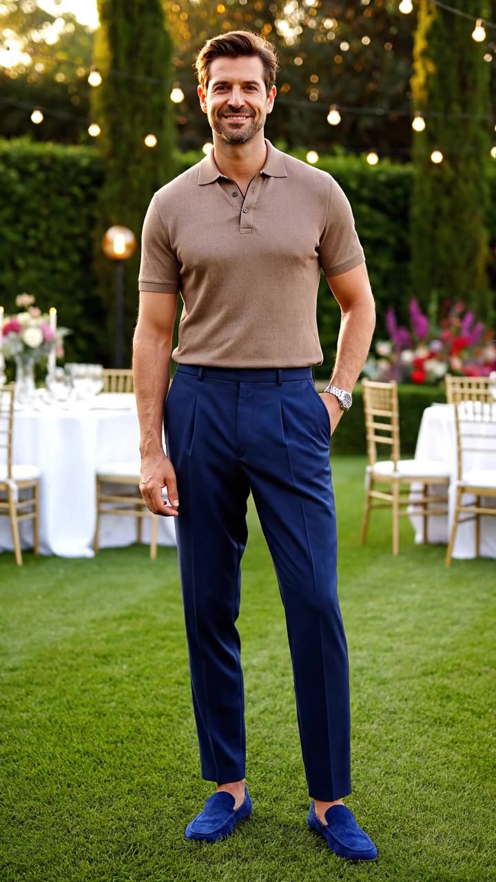 Look maschile per cerimonia con polo in maglia color tortora e pantaloni blu navy con pinces, eleganza casual e ricercata.