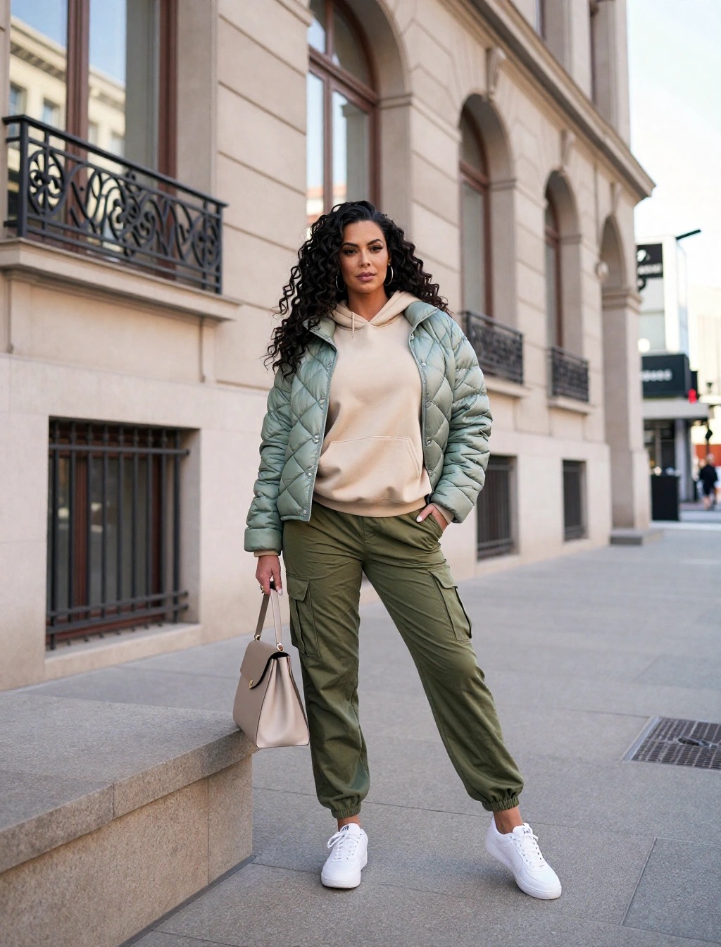 Donna con piumino verde salvia, felpa beige e pantaloni cargo verde oliva con sneakers bianche, outfit casual per marzo in città