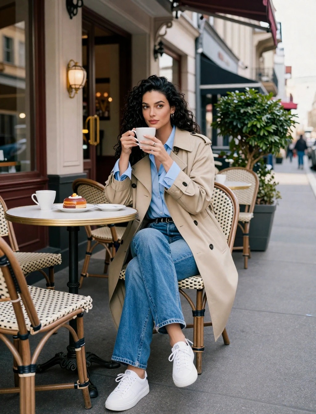 Donna seduta al bar all’aperto con trench beige, camicia azzurra, jeans e sneakers bianche, outfit casual chic per marzo in città