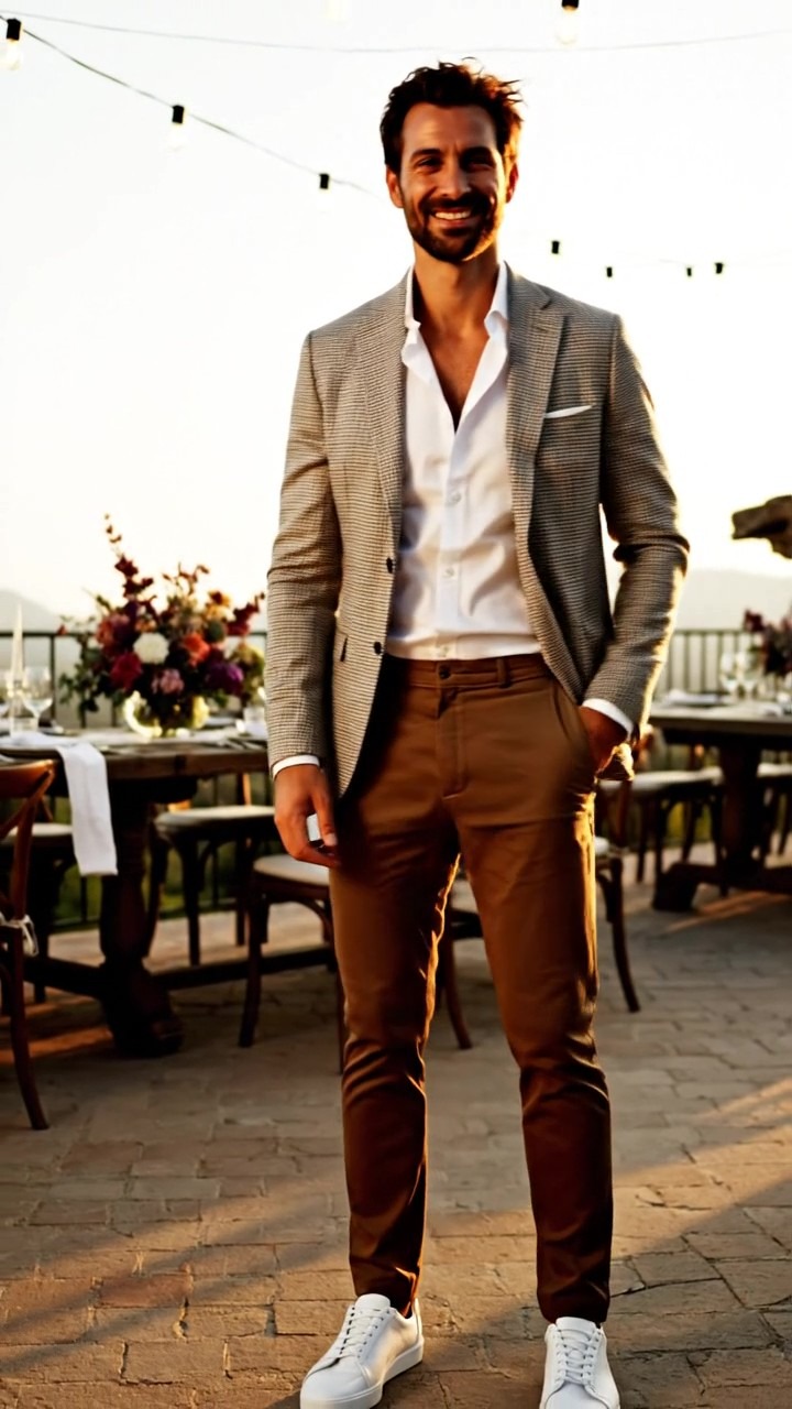 Uomo con outfit casual chic per matrimonio a maggio: blazer grigio chiaro a quadri, camicia bianca, pantaloni chino color tabacco e sneakers bianche