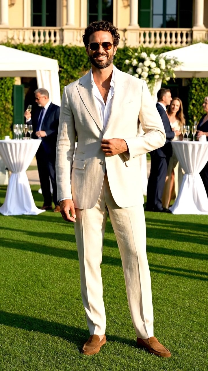 Uomo elegante con completo in lino beige per matrimonio a maggio all’aperto, camicia bianca e mocassini marroni su prato di una villa cerimoniale