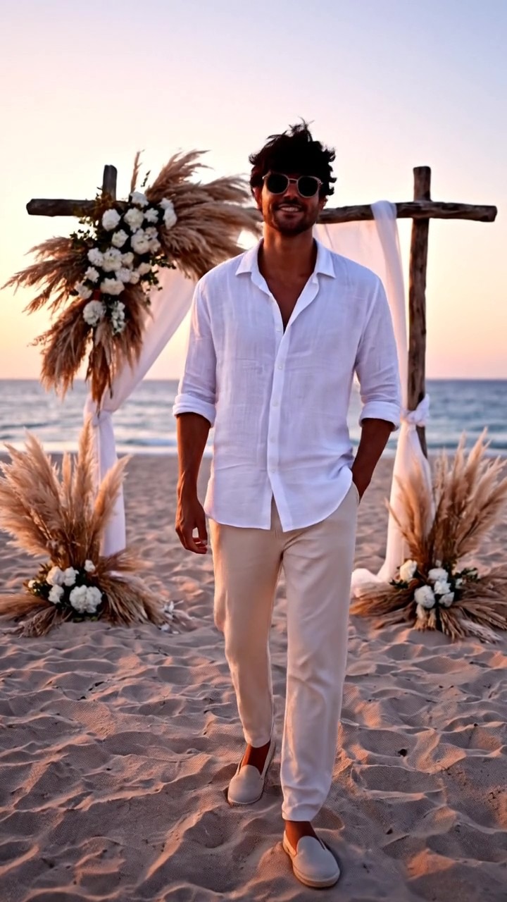 Uomo con look da matrimonio sulla spiaggia a maggio: camicia in lino bianca, pantaloni beige chiaro e espadrillas, allestimento boho chic al tramonto