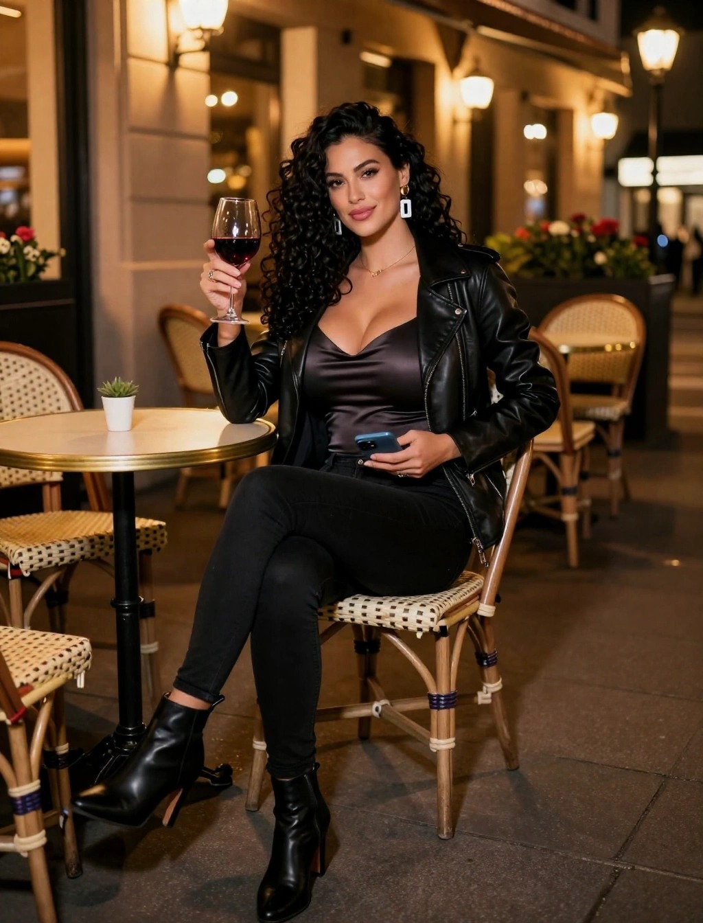Donna seduta al tavolino esterno con giacca di pelle nera, top in raso scuro, jeans neri e stivaletti, look elegante per una serata di marzo