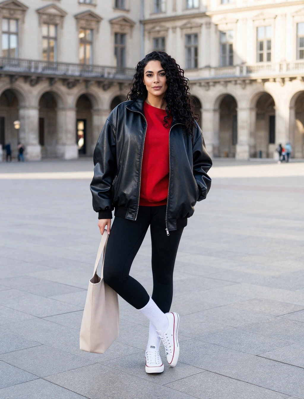 Donna con giacca in pelle nera, felpa rossa e leggings neri con sneakers bianche, look sportivo casual per marzo in città