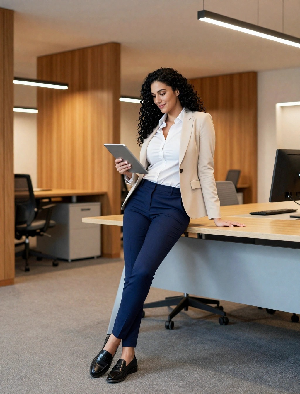Donna in ufficio con blazer beige, camicia bianca e pantaloni blu navy, look professionale per andare al lavoro a marzo