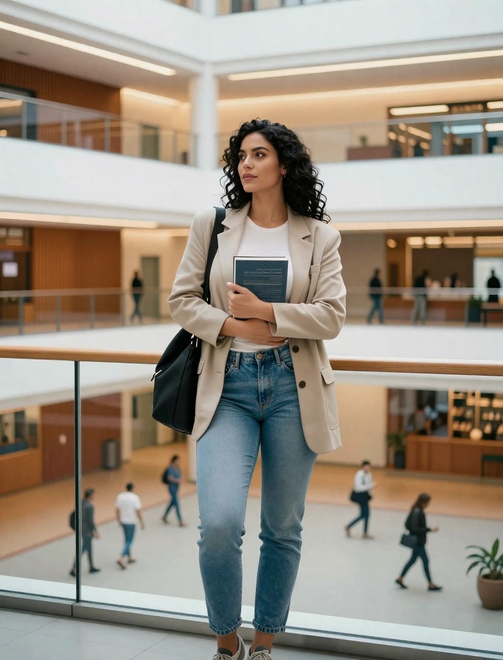 Donna con blazer beige, t-shirt bianca e jeans in università, outfit casual chic per marzo