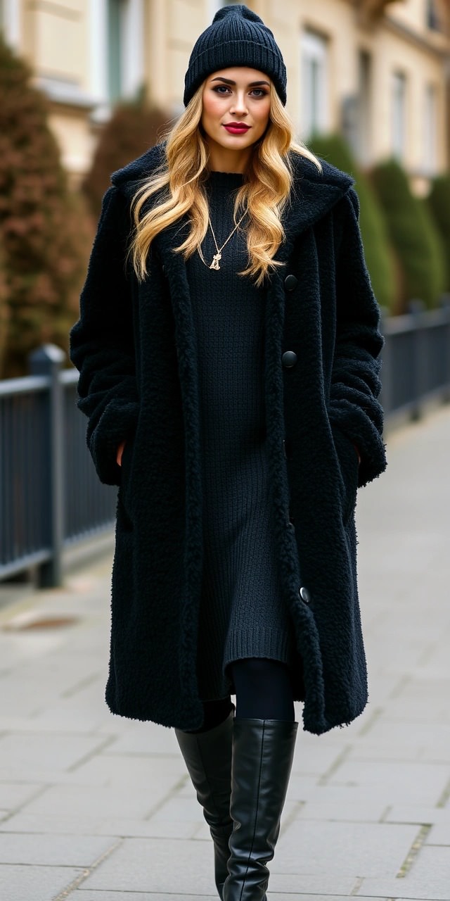 Outfit total black per 8 gradi: abito in maglia, cappotto peloso e stivali al ginocchio per uno stile elegante e caldo.