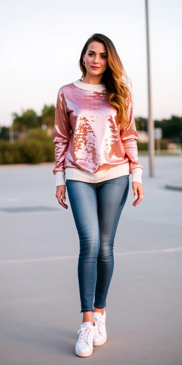 Brilla con Stile: Come Creare un Outfit con Paillettes Perfetto 2 Donna con outfit con paillettes casual, indossa un maglione rosa con paillettes, jeans skinny e sneakers bianche. Look perfetto per un tocco glam nel quotidiano.