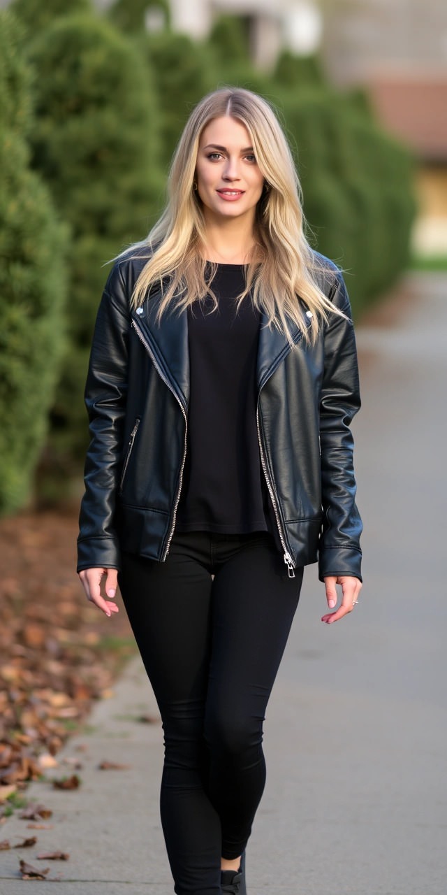 Outfit nero donna casual: giacca di pelle nera, t-shirt e jeans skinny per un look urbano e trendy.