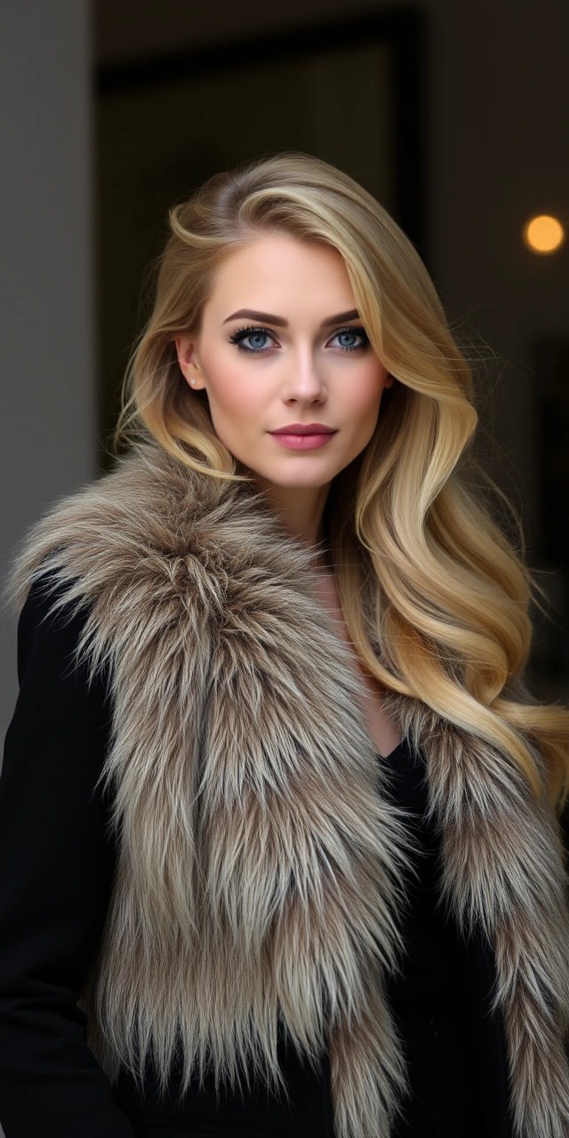 Gilet in eco-pelliccia indossato sopra la giacca nera da donna, look sofisticato e di tendenza perfetto per aggiungere glamour sopra la giacca in inverno.

