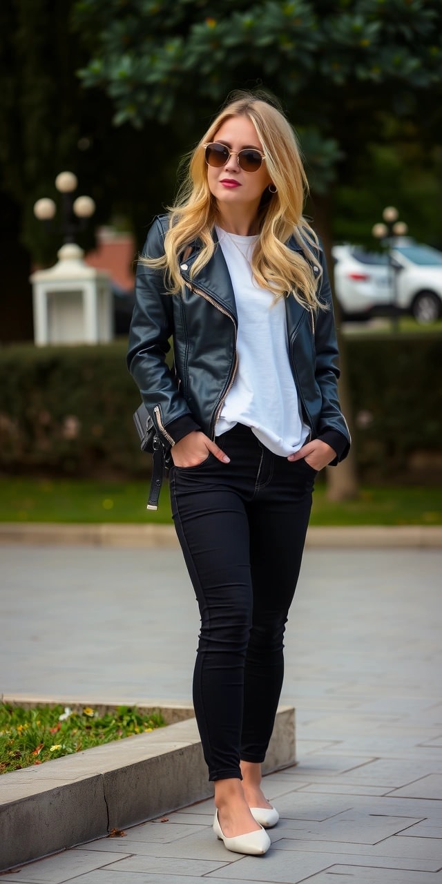 Outfit con jeans e ballerine bianche, giacca di pelle nera e occhiali da sole, stile casual rock dal tocco elegante.