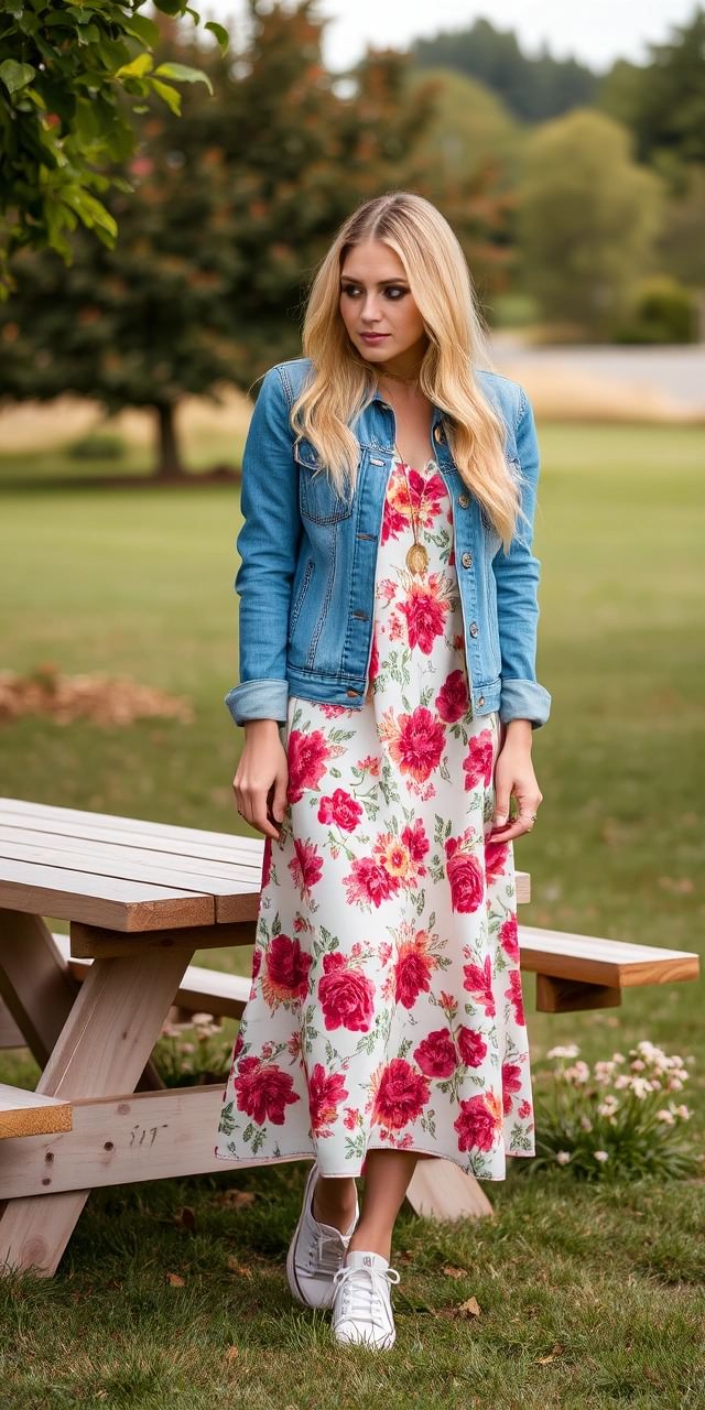 Outfit 25 aprile donna elegante e comodo con abito a fiori, giacca di jeans e sneakers bianche perfetto per una giornata di relax nel verde.