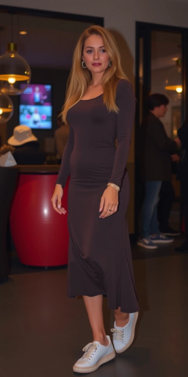 Vestito aderente a maniche lunghe con sneakers bianche – Stile casual perfetto per andare in pizzeria.