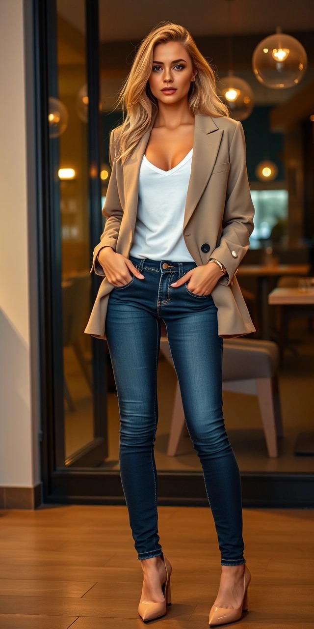 Look con blazer beige, jeans e tacchi nude – Idea outfit trendy per andare in pizzeria.