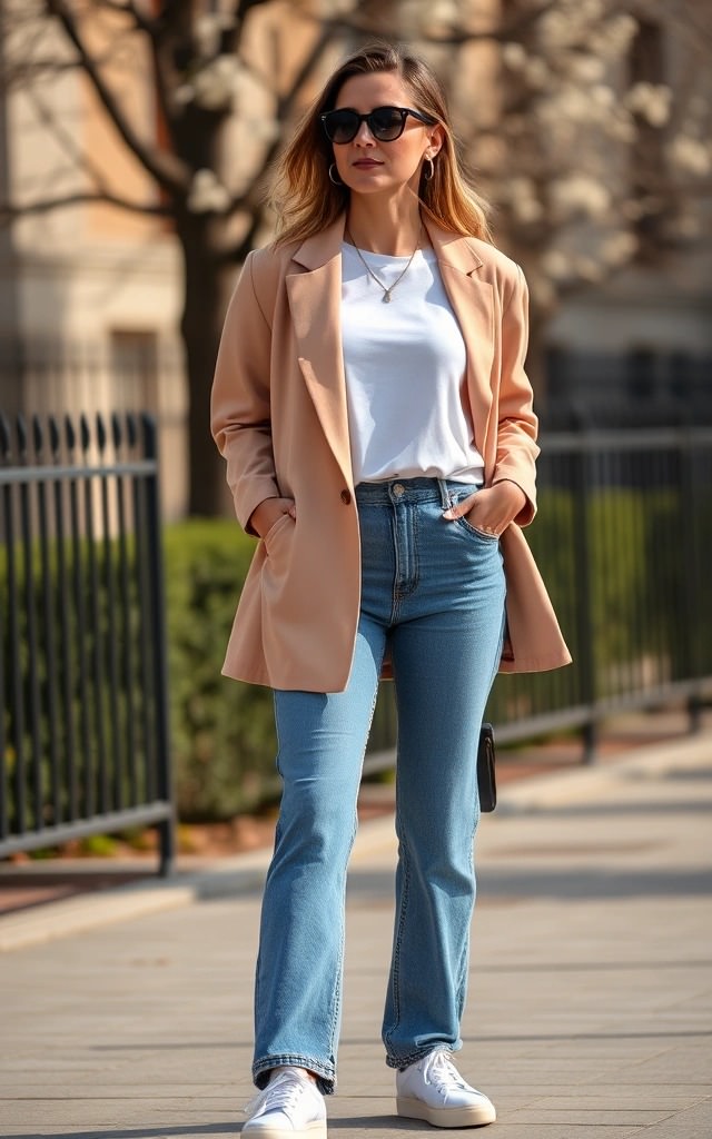 Donna con blazer beige, t-shirt bianca, jeans e sneakers bianche: outfit 22 gradi donna stile easy chic perfetto per la mezza stagione.

