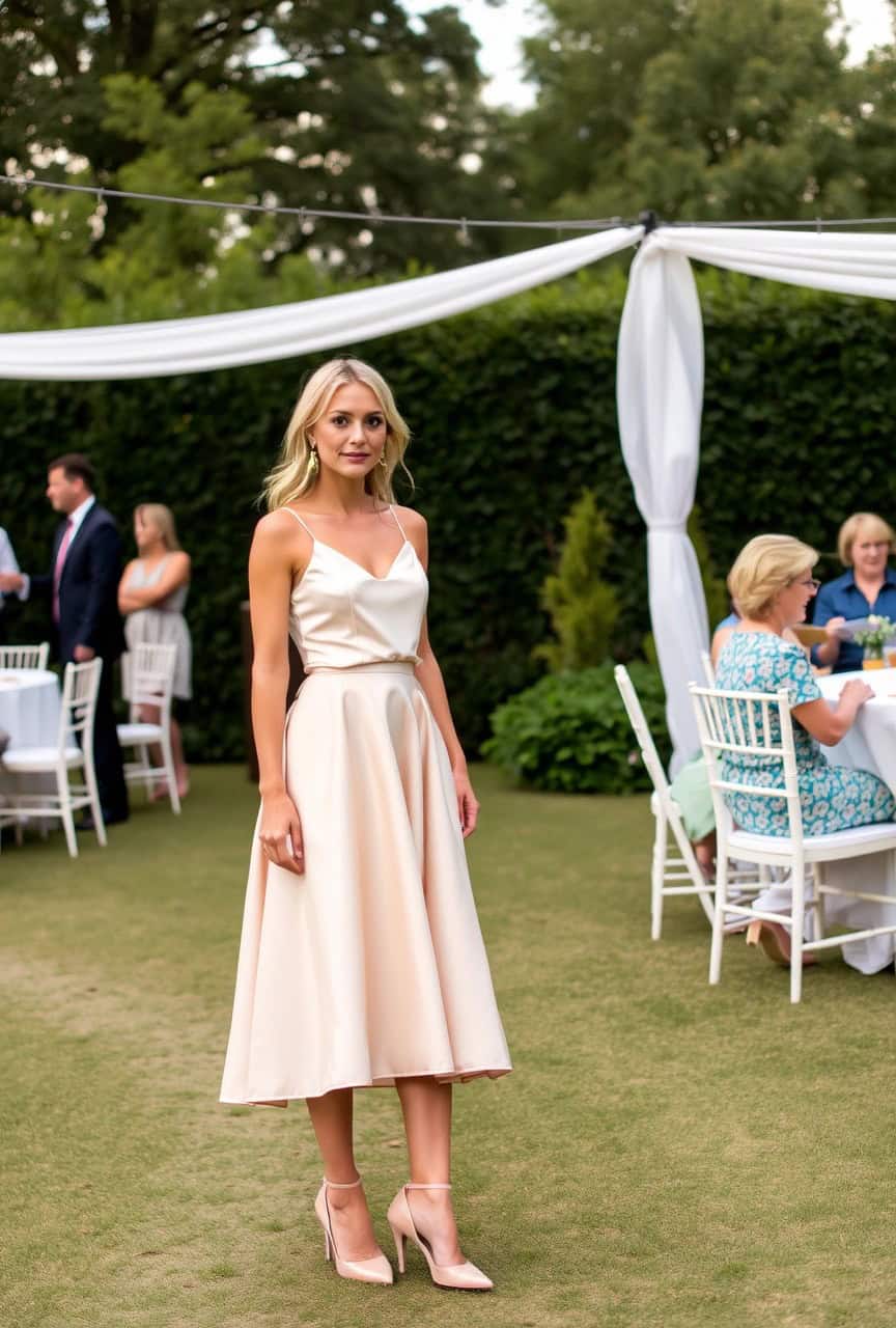 Come vestirsi per comunione a giugno: Outfit invitata 2025 13 Donna con gonna midi color champagne e top in seta avorio con spalline sottili, look elegante per comunione estiva.