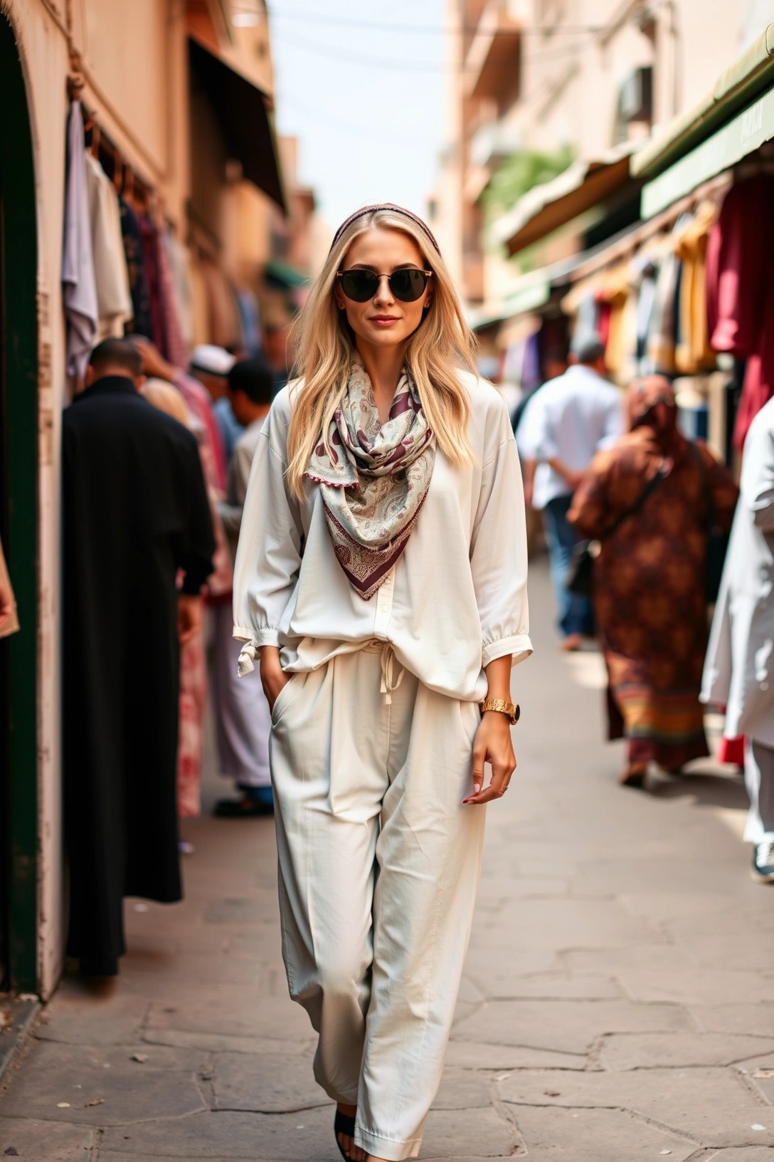 Come vestirsi a Marrakesh 7 Donna con pantaloni larghi color crema, camicia leggera e foulard stampato nei souk di Marrakech, look pratico e chic per fare shopping nel mercato tradizionale.