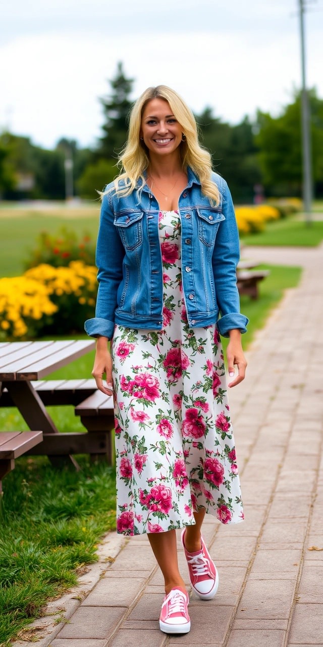 Outfit 25 aprile donna con vestito floreale midi, giacca in denim e sneakers rosa per un look primaverile da picnic all’aperto.