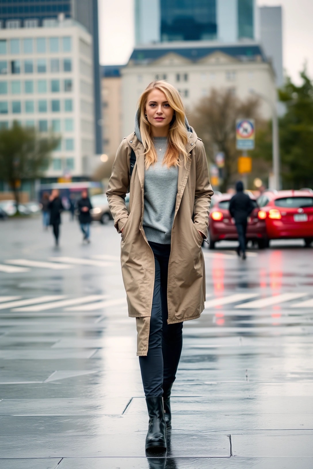 Outfit da pioggia per 16 gradi con impermeabile beige, maglia grigia, pantaloni scuri e stivaletti in gomma nera

