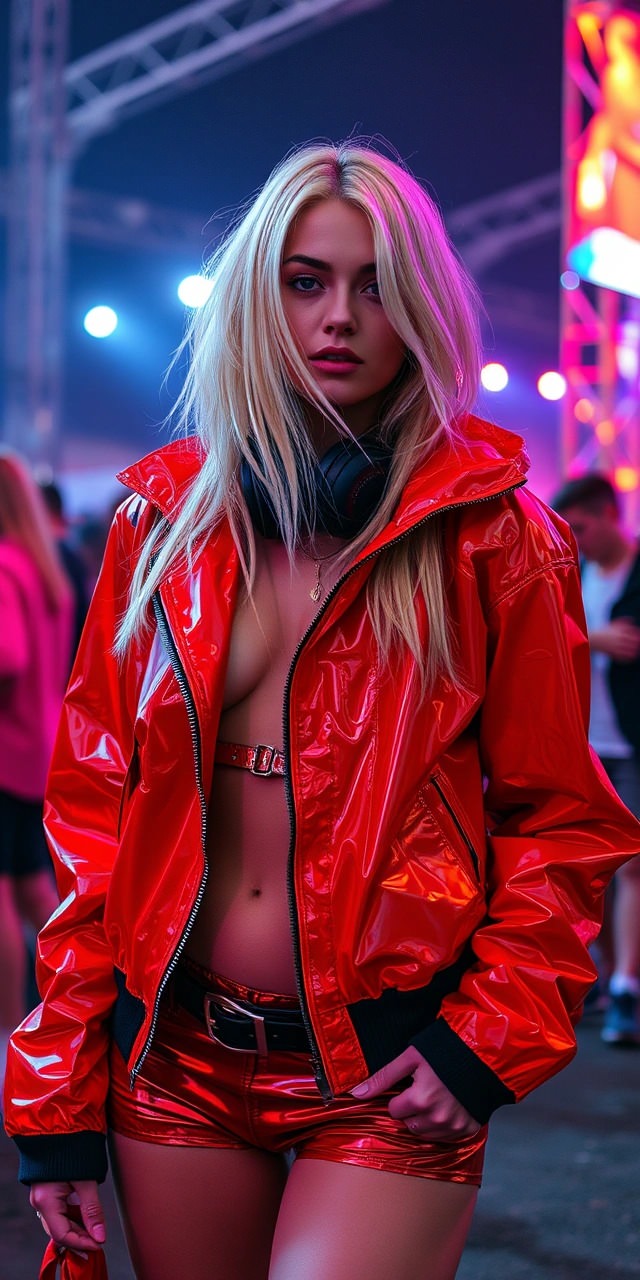 Giacca in vinile rosso per festival techno: outfit audace con giacca lucida, shorts in pelle e cuffie al collo, ideale per un look cyberpunk e futuristico.
