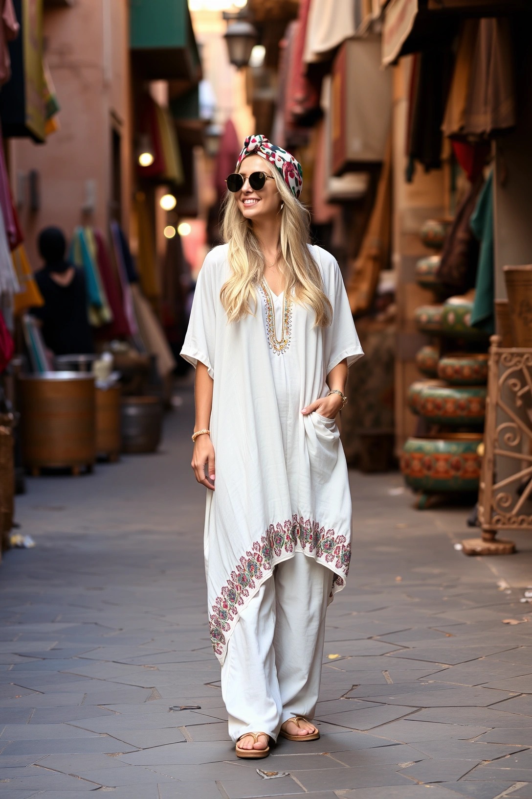 Come vestirsi a Marrakesh 1 Donna con caftano bianco ricamato e foulard floreale nella Medina di Marrakech, outfit perfetto e modesto per esplorare i mercati marocchini con stile.