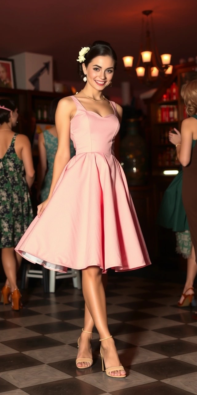 Come vestirsi per una serata Swing 3 Abito swing rosa – Incantevole abito rosa in stile anni '50 con gonna svasata, perfetto per feste a tema vintage.
