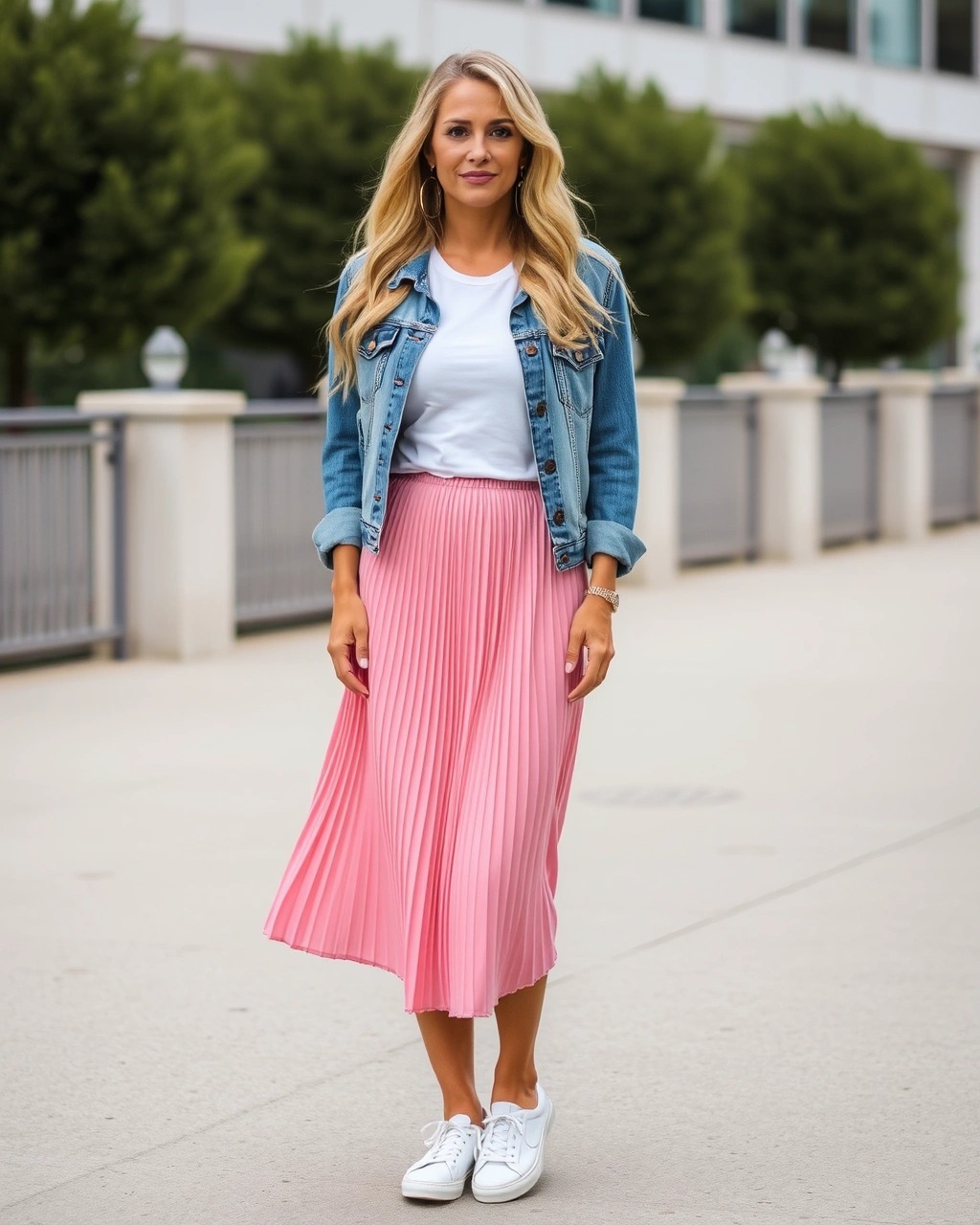 Come vestirsi a Maggio 3 Outfit primavera maggio 2025 donna: gonna midi plissé rosa, t-shirt bianca e giacca di jeans, stile sporty chic