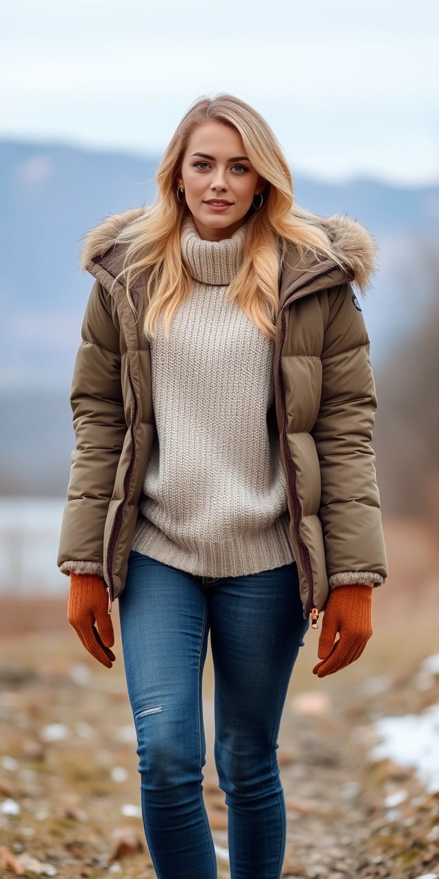 Look casual per 8 gradi: donna con piumino verde oliva, maglione a collo alto e jeans skinny, perfetto per le giornate fredde all’aperto.