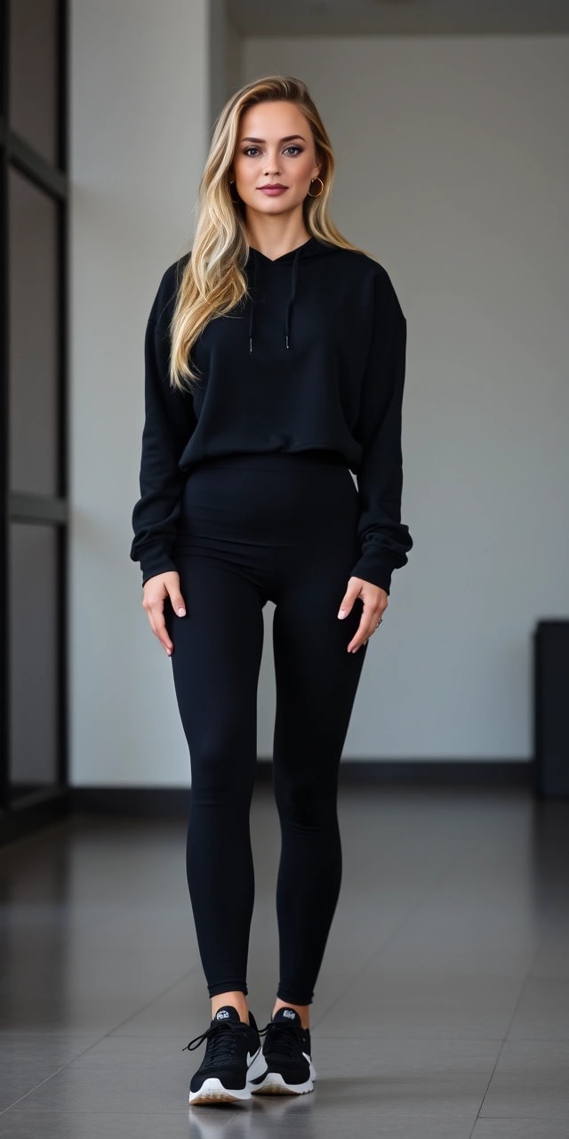Outfit nero sporty-chic donna: felpa cropped con cappuccio e leggings aderenti, abbinati a sneakers nere per un look athleisure trendy.