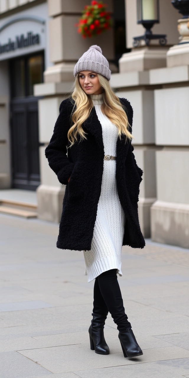 Look femminile per 8 gradi con abito in maglia bianco, cappotto teddy nero e berretto in lana, perfetto per una passeggiata invernale.