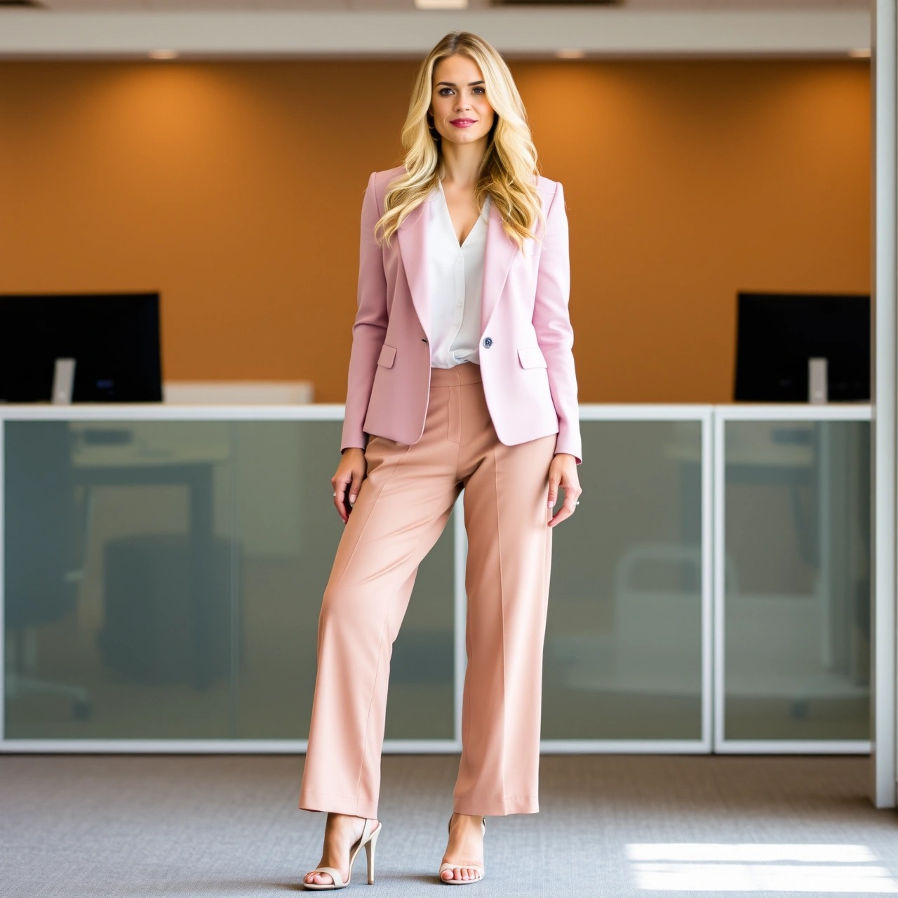 Outfit eleganti con il blazer donna 6 Outfit creativo da colloquio con blazer rosa cipria, pantaloni a palazzo e sandali con tacco, look elegante e moderno per donne in carriera