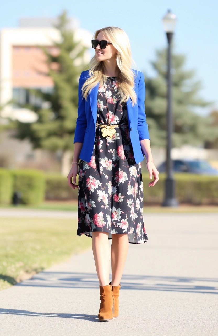 Blazer blu abbinato a vestito midi a fiori e stivaletti beige – look da giorno femminile e stiloso

