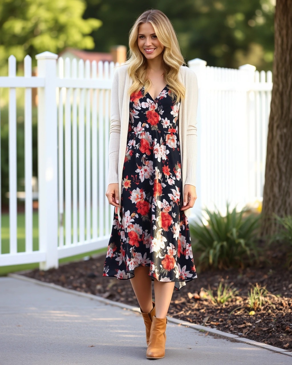 Cosa indossare e come vestirsi con 18 gradi 2 Donna con vestito midi floreale nero e rosso, cardigan beige e stivaletti bassi marroni, outfit femminile e romantico per 18 gradi, ideale per passeggiate e pranzi all’aperto.