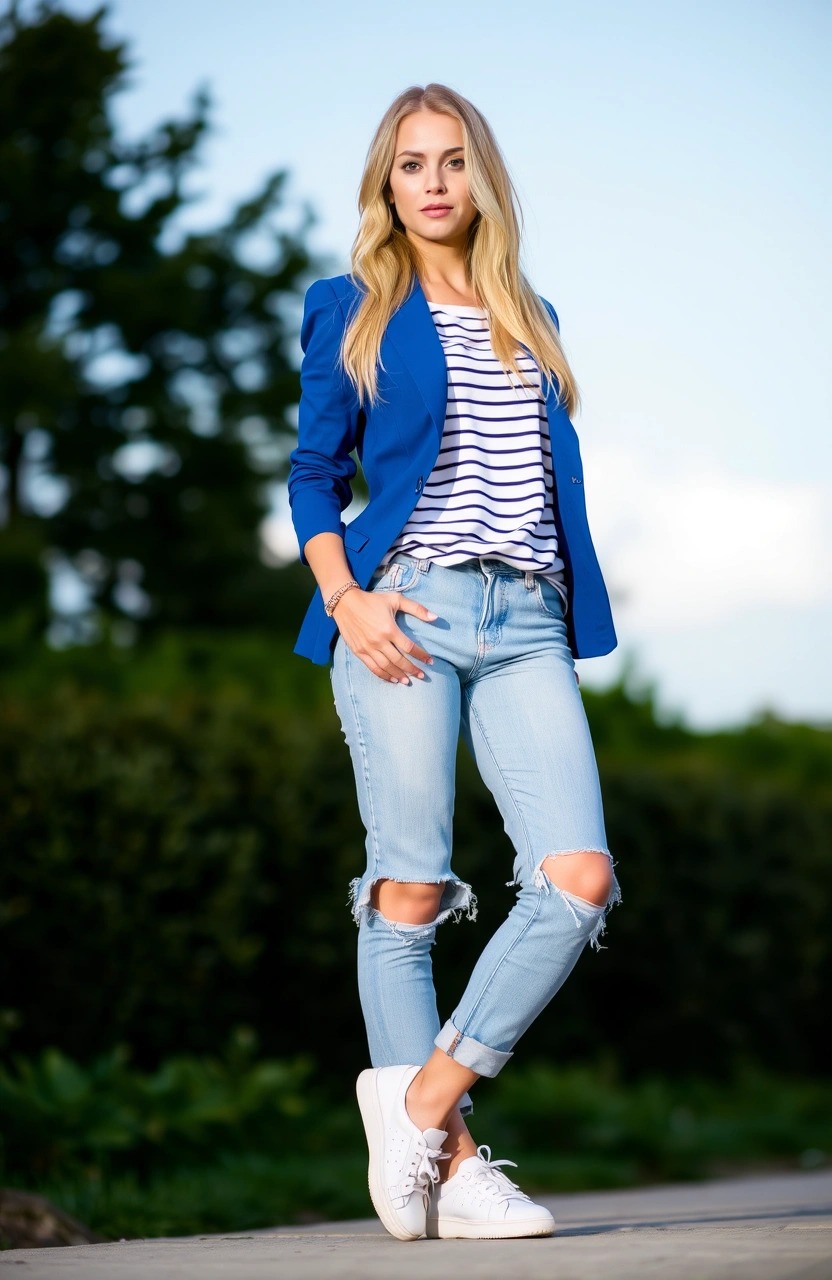 Blazer blu abbinato a t-shirt a righe navy e jeans boyfriend strappati – outfit casual da tempo libero con sneakers bianche

