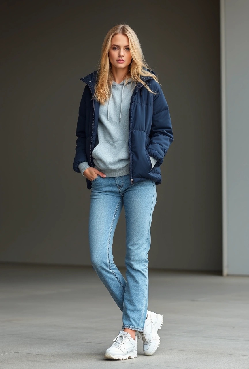 Outfit comodo e trendy per Disneyland Paris: jeans chiari, felpa grigia con cappuccio e giubbotto imbottito navy, con sneakers bianche