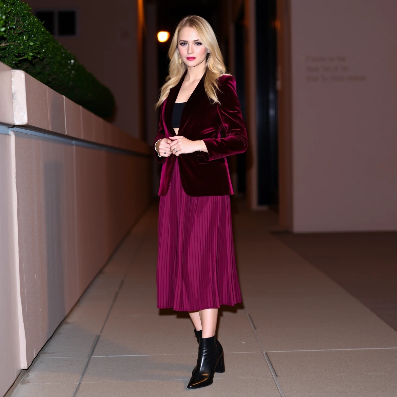 Outfit eleganti con il blazer donna 15 Outfit elegante per evento aziendale con blazer in velluto bordeaux, top nero e gonna midi plissé, look raffinato con blazer femminile.