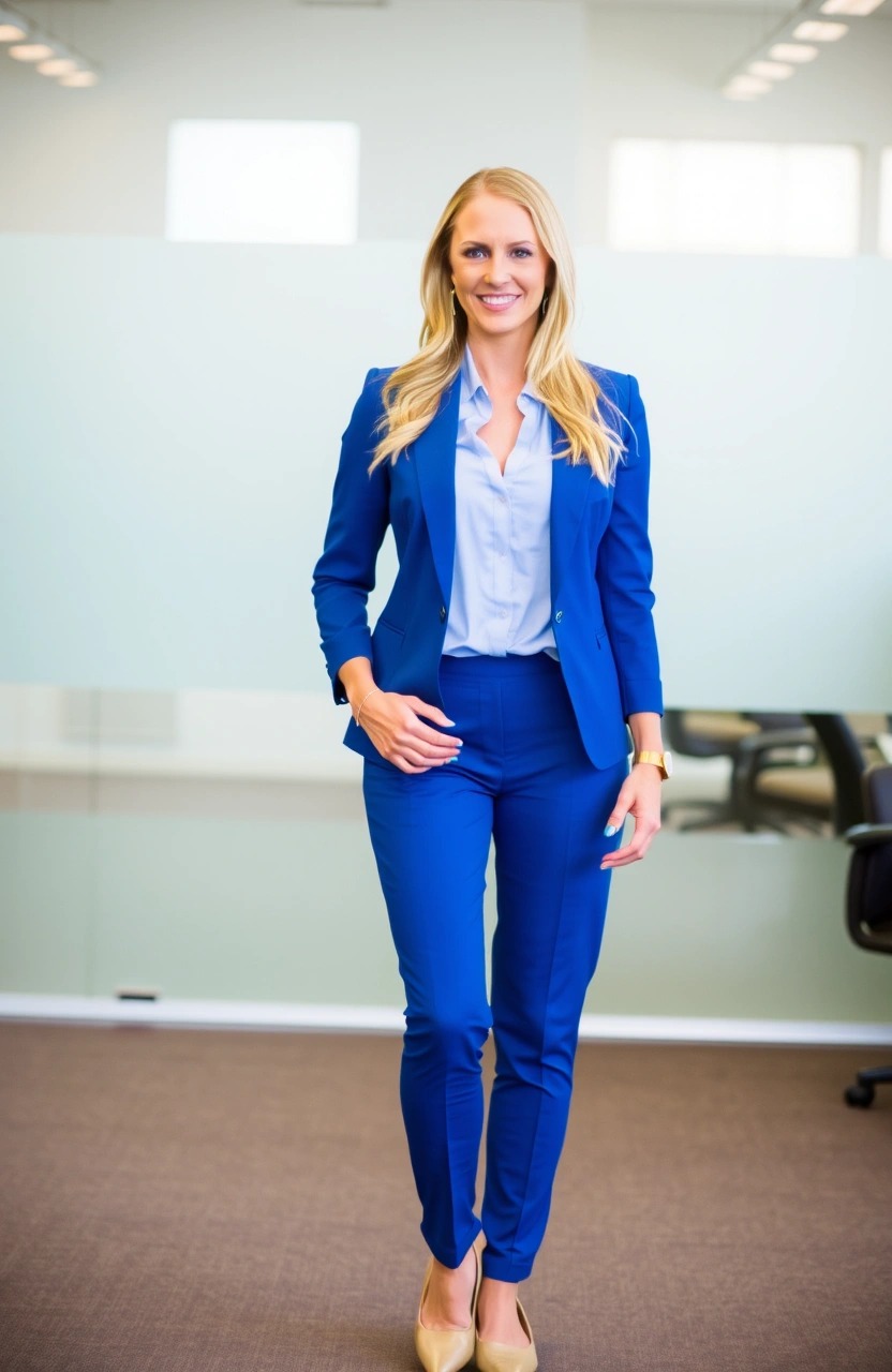 Completo blazer blu con camicia azzurra e pantaloni coordinati – outfit da ufficio moderno e coordinato

