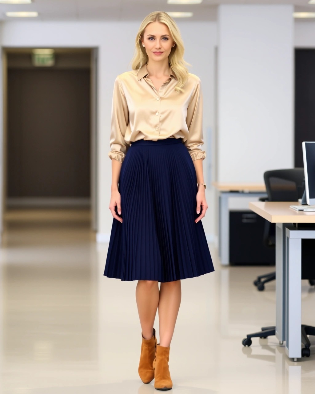 Cosa indossare e come vestirsi con 18 gradi 5 Donna in ufficio con camicia beige in seta, gonna midi plissettata blu navy e stivaletti marroni, look raffinato e femminile per il lavoro a 18 gradi.