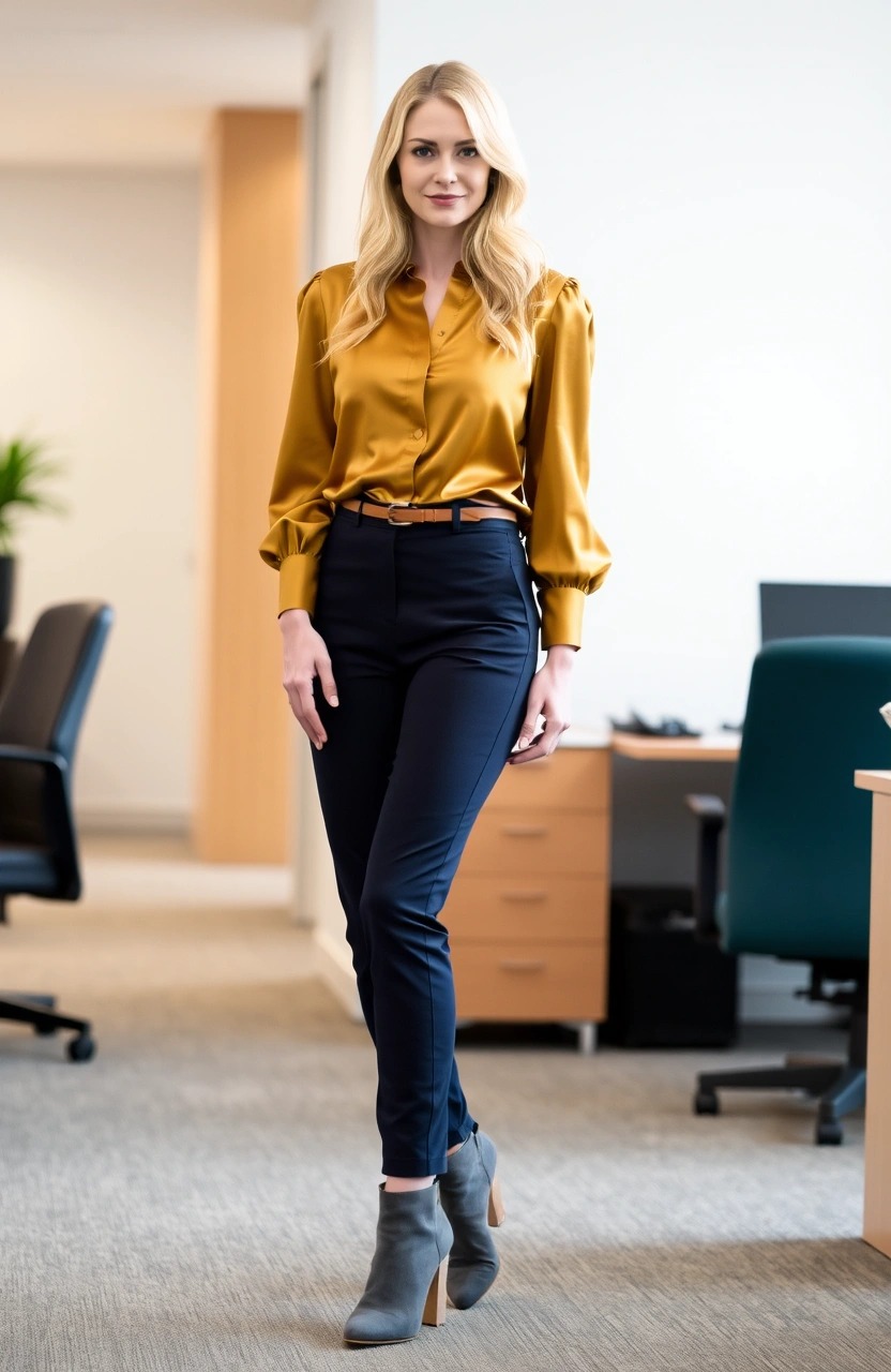 Come abbinare un pantalone blu scuro da donna 3 Look da lavoro con pantalone blu scuro, camicia satinata color senape e stivaletti grigi in suede, outfit sofisticato e moderno